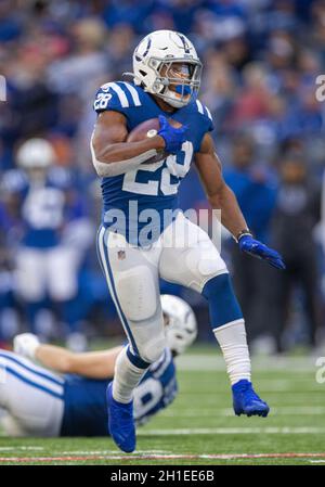 Indianapolis Colts running back Jonathan Taylor (28) goes airborne