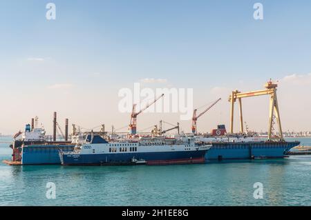 Port Tewfik, Egypt - November 5, 2017: Passenger ship Duda Bridge at the Port Tewfik in the suburbs of Suez. The Suez Port is an Egyptian port located Stock Photo