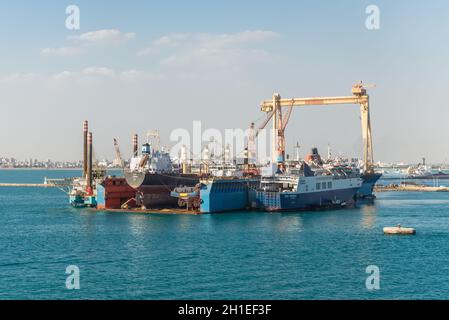 Port Tewfik, Egypt - November 5, 2017: Dry dock at the Port Tewfik in the suburbs of Suez. The Suez Port is an Egyptian port located at the southern b Stock Photo