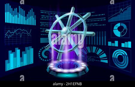 Wheel helm computer developer app concept. Business digital open source program. Data coding steering 3D low polygonal vector line illustration Stock Vector