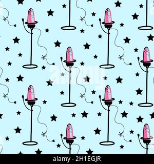 Trendy stylish pattern with microphones. Party pattern. Seamless pattern for beautiful textiles and fabrics. Bright summer design. Microphone for soun Stock Vector