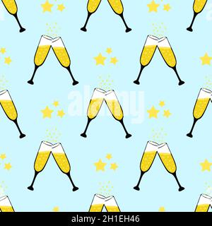 Trendy stylish pattern with glasses. Party pattern. Seamless pattern for kitchen textiles and fabrics. Bright summer design. Alcoholic yellow drinks. Stock Vector