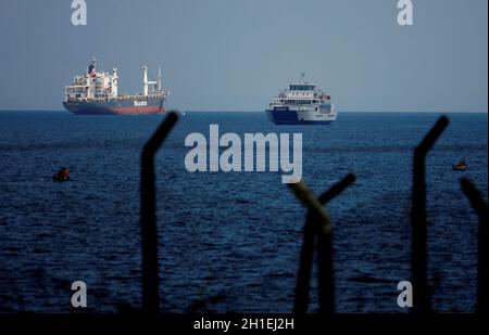 salvador, bahia / brazil - september 21, 2014: Freighter ships are seen docked at the Todos os Santos Bay in Salvador. *** Local Caption ***  . Stock Photo