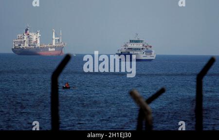 salvador, bahia / brazil - september 21, 2014: Freighter ships are seen docked at the Todos os Santos Bay in Salvador. *** Local Caption ***  . Stock Photo