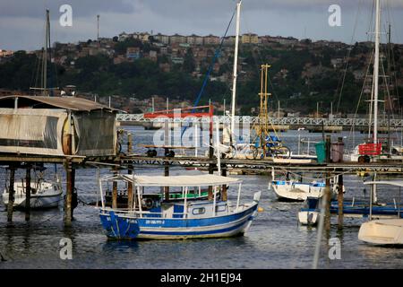 salvador, bahia / brazil - january 5, 2017: boats are seen anchored at the pier in the Ribeira neighborhood in the city of Salvador. *** Local Caption Stock Photo