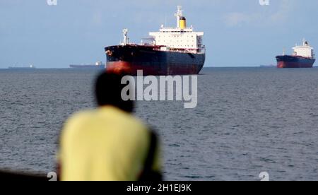 salvador, bahia / brazil -  november 4, 2014: Freighter ships are seen docked in the Todos os Santos Bay in Salvador. *** Local Caption ***  . Stock Photo