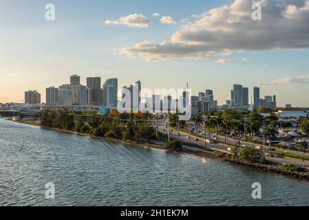 Miami, FL, United States - April 20, 2019:  Miami cityscape and view of MacArthur Causeway at Biscayne Bay in Miami, Florida, United States of America Stock Photo