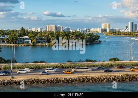 Miami, FL, United States - April 20, 2019:  View of MacArthur Causeway and the islands of Palm & Star at Biscayne Bay in Miami, Florida, United States Stock Photo