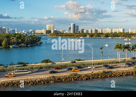 Miami, FL, United States - April 20, 2019:  View of MacArthur Causeway and the islands of Palm & Star at Biscayne Bay in Miami, Florida, United States Stock Photo