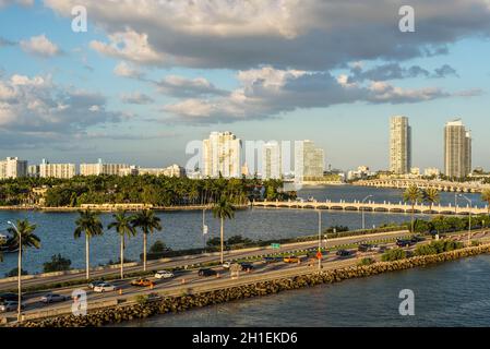 Miami, FL, United States - April 20, 2019:  View of MacArthur Causeway and Star Island at Biscayne Bay in Miami, Florida, United States of America. Stock Photo