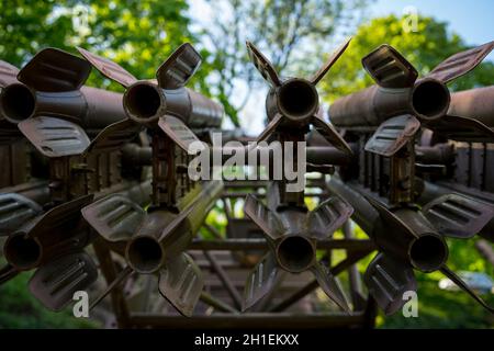 SEELOW, GERMANY - MAY 09, 2020: Tail Stabilizers of M13 rocket for the Katyusha launcher. The Katyusha multiple rocket launcher is a type of Soviet re Stock Photo