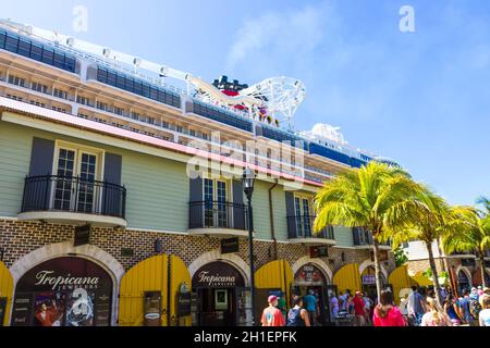 Falmouth, Jamaica - May 02, 2018: The people going at Falmouth port in Jamaica island, the Caribbeans. Port with old houses, duty free zone, cruise sh Stock Photo