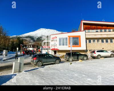 Stary Smokovec, Slovakia - January 01, 2020: Funicular railway at High Tatras mountains in Slovak republic. Rail cable car leads from Stary Smokovec t Stock Photo