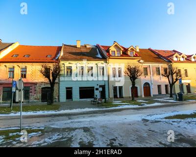 Colourful houses on the Main street of Kezmarok, Slovakia, a small town in Spis region, Poprad river. Stock Photo