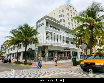 Miami, United States of America - November 30, 2019: Hotel at Ocean drive in Miami Beach, Florida. Art Deco architecture in South Beach is one of the Stock Photo