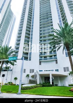 Miami, United States of America - November 30, 2019: Miami Beach in Florida with luxury apartments near the beach at Collins Avenue at Miami, United S Stock Photo