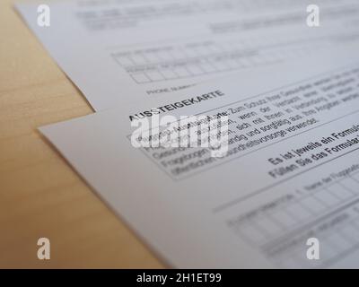 BERLIN, GERMANY - CIRCA MARCH 2020: Fluggast Aussteigekarte (translation:  Passenger Locator Form) Stock Photo