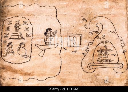 Migration of aztec people from depart from Aztlan to Tenochtitlan. Boturini Codex manuscript, National Museum of Anthropology, Mexico Stock Photo