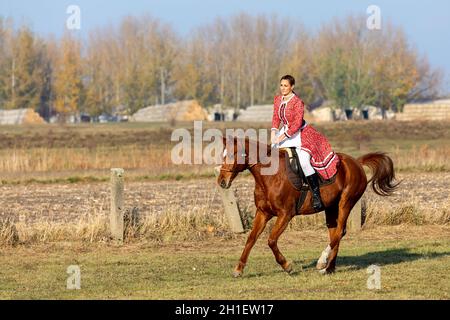 HORTOBAGY, HUNGARY, NOVEMBER, 04. 2018: Hungarian csikos woman in traditional folk costume riding her trained horse. November 04. 2018, Hortobagy, Hun Stock Photo
