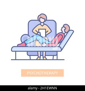 Psychotherapy - modern multicolor line design style icon on white background. Psychologist is sitting on cozy chair, patient is lying on the couch, a Stock Vector