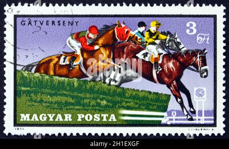 HUNGARY - CIRCA 1971: a stamp printed in Hungary shows Steeplechase, Equestrian Sport, circa 1971 Stock Photo