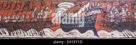 Barcelona, Spain - Dec 26th 2019: Medieval mediterranean galley warfare painted on coffered ceiling panel. National Art Museum of Catalonia, Barcelona Stock Photo