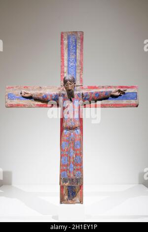 Barcelona, Spain - Dec 26th 2019: Batllo Majesty, wooden carved sculpture from unknown Garrotxa church. National Art Museum of Catalonia, Barcelona, S Stock Photo