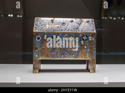 Barcelona, Spain - Dec 26th 2019: The Holy Innocents, casket reliquary limousin, 13th Century. National Art Museum of Catalonia, Barcelona, Spain Stock Photo