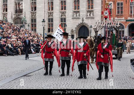 BRUGES, BELGIUM - MAY 17: Annual Procession of the Holy Blood on Ascension Day. Locals perform an historical reenactment and dramatizations of Biblica Stock Photo