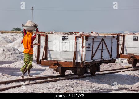 SAMBHAR, INDIA - NOVEMBER 19, 2012: Women mining salt at lake Sambhar, Rajasthan, India. Sambhar Salt Lake is India's largest inland salt lake Stock Photo