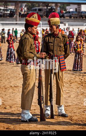 PUSHKAR, INDIA - NOVEMBER 21, 2012: Indian policemen in full dress at Pushkar Mela (Camel Fair) in Pushar. Pushkar, Rajasthan, India Stock Photo