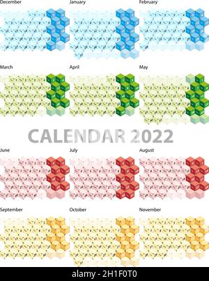 Calendar 2022. Isometric colored cubes. Vector illustration Stock Vector