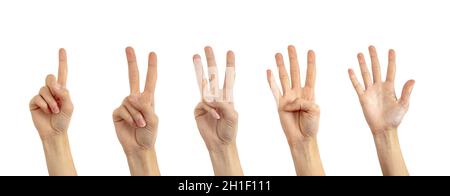 Set of number 1 2 3 4 5 with hand gestures isolated on white background. Stock Photo