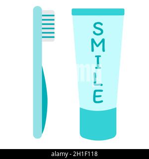 Toothbrush and toothpaste, vector illustration in cartoon flat style. Dental and oral care concept. Cute print for children books, kids dentistry clin Stock Vector