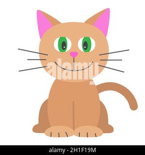 Funny cartoon cat, cute vector illustration in flat style. Beige and brown cat. Smiling fat kitten. Positive print for sticker, cards, clothes, textil Stock Vector