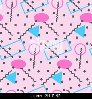 Seamless pattern in minimalistic geometric style. Pink, blue, grey and black colors. Memphis style retro print. Abstract doodle background. Endless de Stock Vector