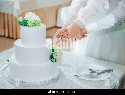 Newlyweds cut the wedding cake. A bride and a groom hands are holding a knife, close up. Beautiful white three-tiered cake decorated with flowers Stock Photo