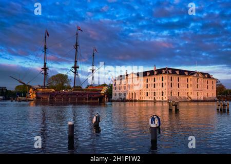 AMSTERDAM, NETHERLANDS - MAY 9, 2017: VOC-schip East Indiaman the Amsterdam and The National Maritime Museum (Het Scheepvaartmuseum) Stock Photo