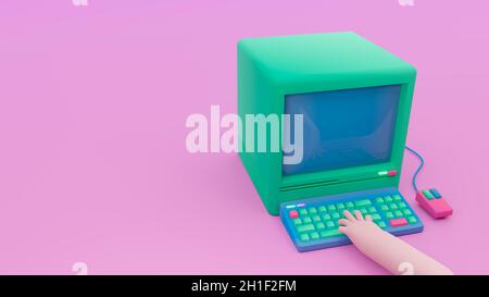 Funny multicolor cartoon vintage computer with keyboard, retro mouse and hand on keys. Computer devices. Hand printing text. Background with copyspace Stock Photo