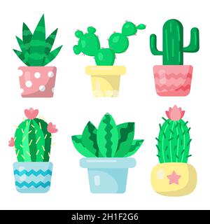 Set of cute cactuses in pots, funny print in cartoon flat style. Home succulent plant illustration. Exotic and tropical plants. Print for books, plann Stock Vector
