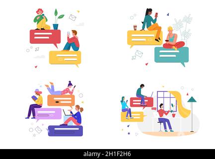 Chat messages in social media set vector illustration. Cartoon tiny woman man characters chatting with text in bubbles, using internet chat app messager for dialog conversation isolated on white Stock Vector