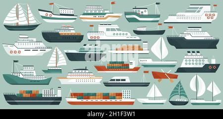Ships and boats set vector illustration. Cartoon modern marine transport collection, cruise passenger and military ship, fishing sailboat and yacht, cargo freight carrier with containers and flag Stock Vector