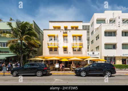 Miami, FL, USA - April 19, 2019: The Casa Grande Suite Hotel on the Ocean Drive at the historical Art Deco District of Miami South Beach with hotels, Stock Photo