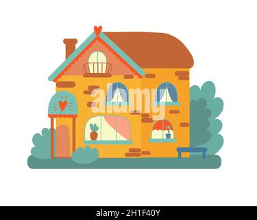 Rustic two-storey house on an isolated background. House of grandparents. Postcard design. Illustration. Stock Vector
