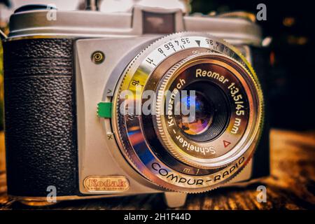 STUTTGART,GERMANY - SEPTEMBER 11,2019:Weilimdorf This is an old Schneider-Kreuznach Reomar lense from 1960.The camera is a solid Retinette,which was p Stock Photo