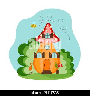 A pumpkin house with a roof from a mushroom cap. House of the gnomes. Nice fabulous flat illustration. Stock Vector