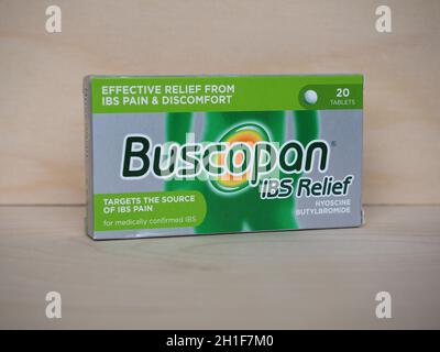 LONDON, UK - CIRCA MAY 2020: Sanofi Buscopan IBS Relief tablets of Hyoscine Butylbromide Stock Photo