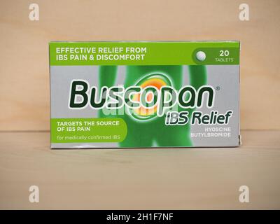 LONDON, UK - CIRCA MAY 2020: Sanofi Buscopan IBS Relief tablets of Hyoscine Butylbromide Stock Photo