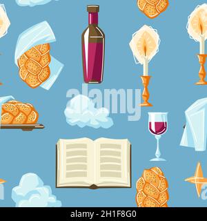 Shabbat Shalom seamless pattern with religious objects. Background with Jewish symbols. Stock Vector