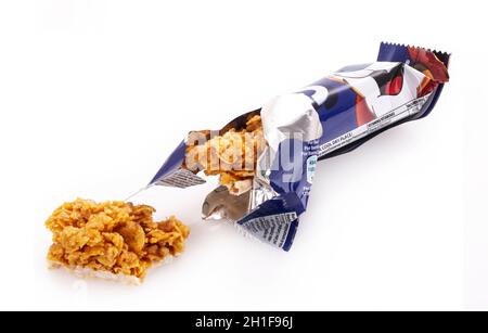SWINDON, UK - NOVEMBER 18 2018: Kelloggs Frosties cereal bar on white background Stock Photo